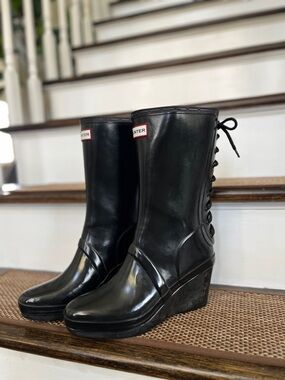 Hunter Black Lace-Up Wedge Rain Boots with Back Detail